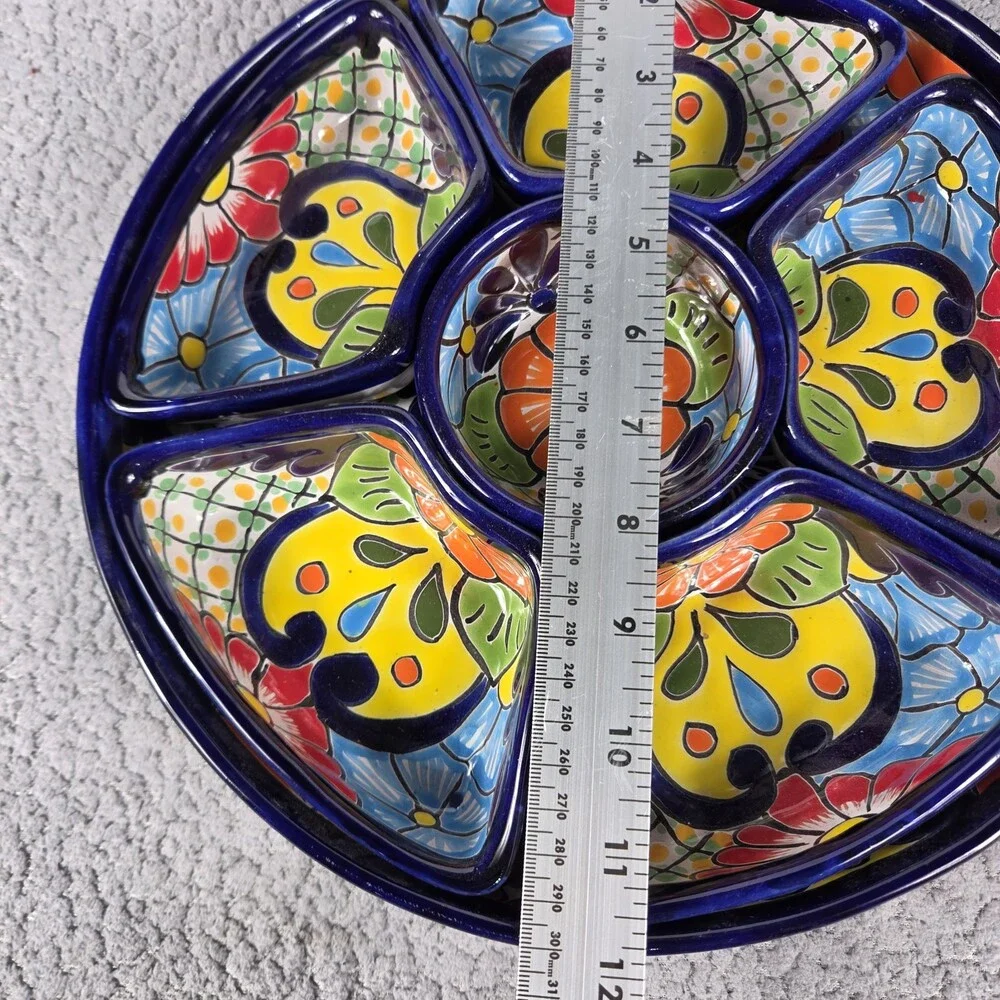 Talavera Pottery Hand Painted Appetizers Salsa Sauce Tray 12 x 1 3/4 inches